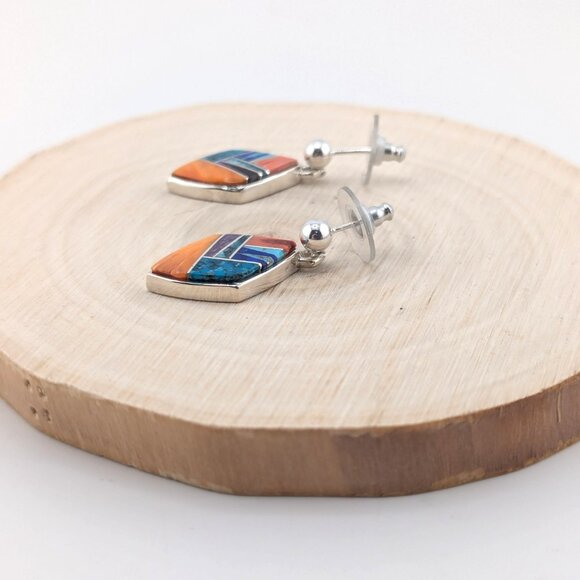 Handcrafted Navajo Multi Stone Inlay Dangle Sterling Silver Earrings Southwest** - Picture 6 of 10